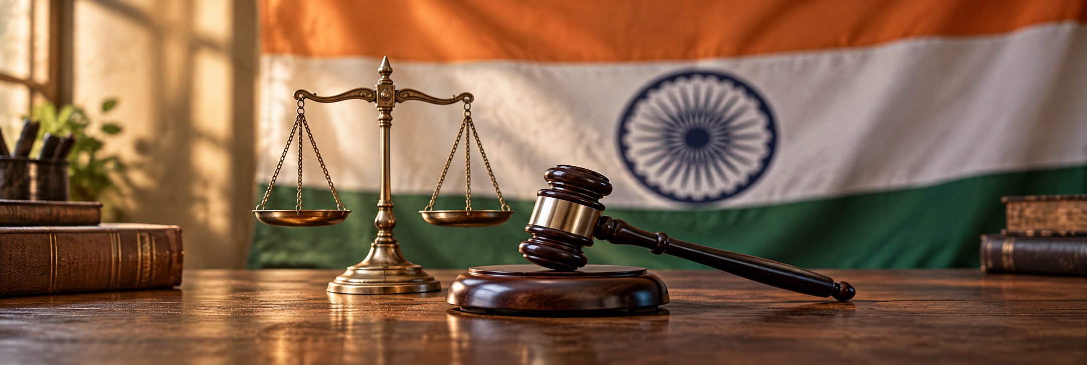 Generated illustration of a wooden gavel and brass scales with an Indian tricolour backdrop